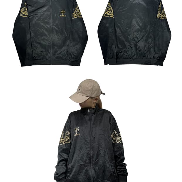일본 빈티지 블랙 오리엔탈 트랙탑 져지 6XL