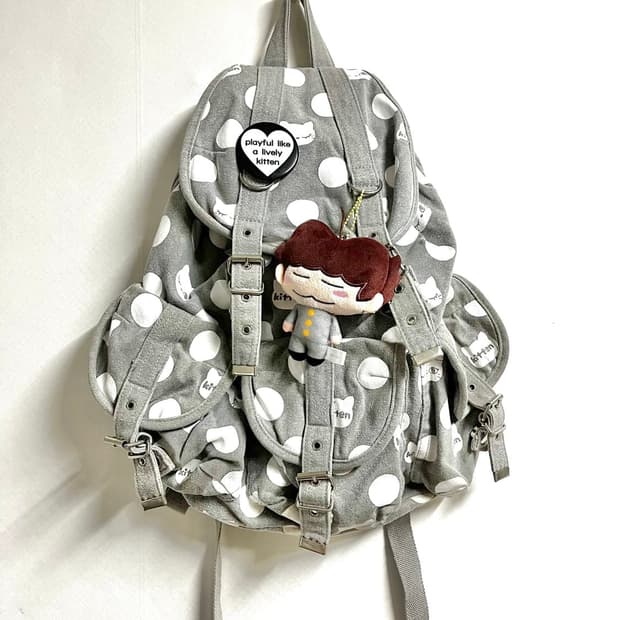 그레이 도트 고양이 빈티지 백팩