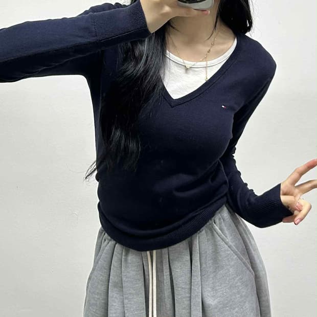 타미힐피거 걸즈 피마 코튼 브이넥 니트(S)