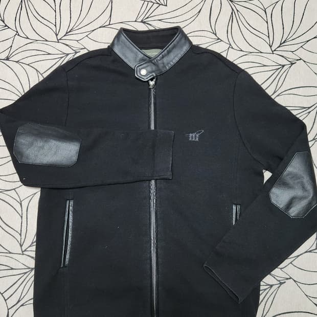 헨리코튼 남성 블랙 레더 니트 집업 100