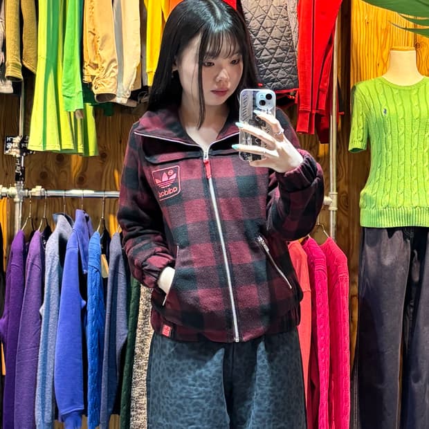 S 아디다스 파이어버드 레드 타탄체크 롱카라 자켓