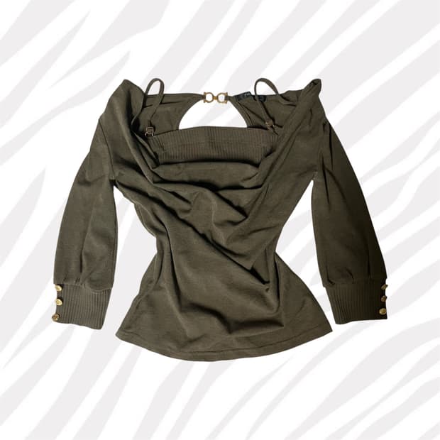 오네갸루 골드버튼 카키 그런지 페어리 오프숄더 티셔츠