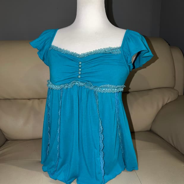 Aqua blue lace line button-up top