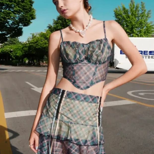 BADEE 배디 Argyle Mesh 스커트 탑 세트 셋업