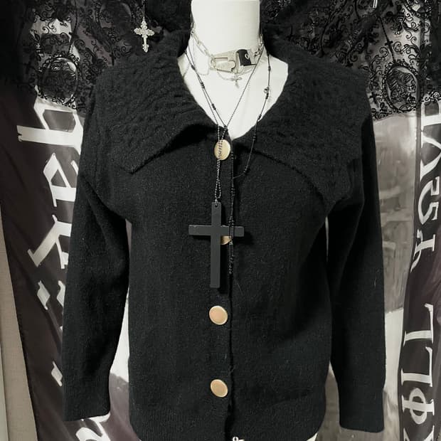 빈티지 블랙 빅카라 세일러 금장버튼 니트가디건 모리걸로걀갸루디마럽마즈st