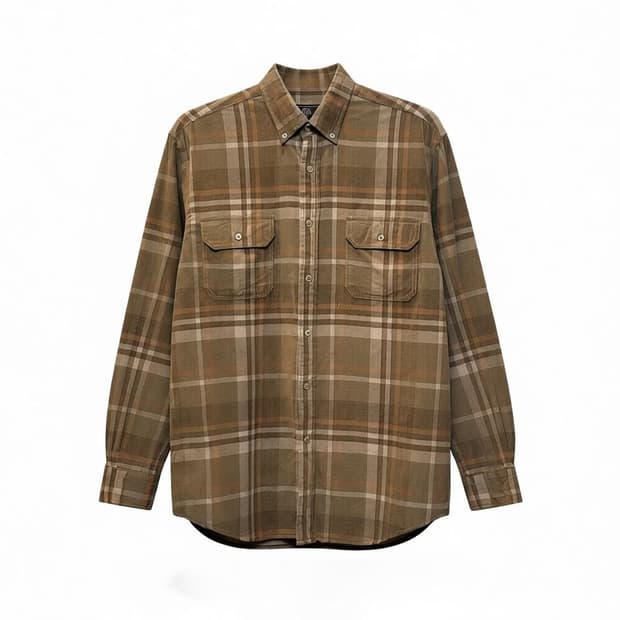 USA VINTAGE 코듀로이 긴팔 셔츠 체크 패턴 투포켓 디테일 브라운