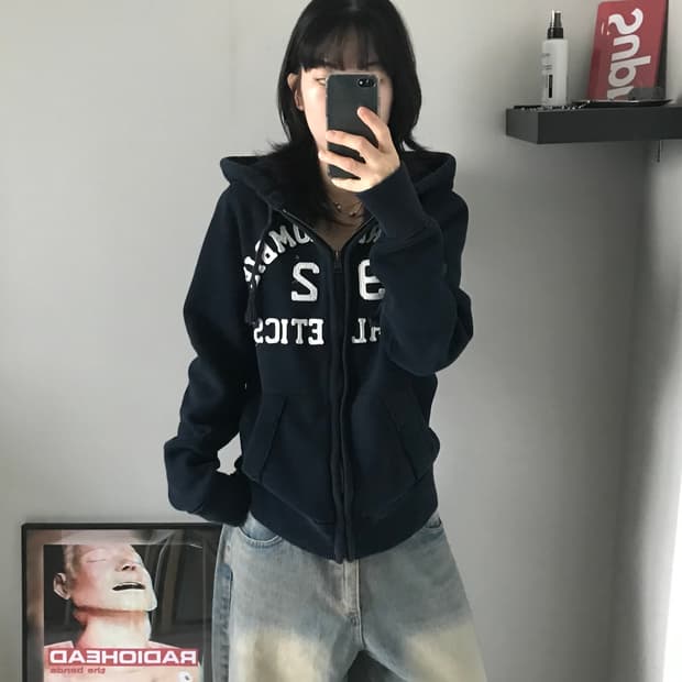 아베크롬비 헤비코튼 자수 로고 네이비 후드집업