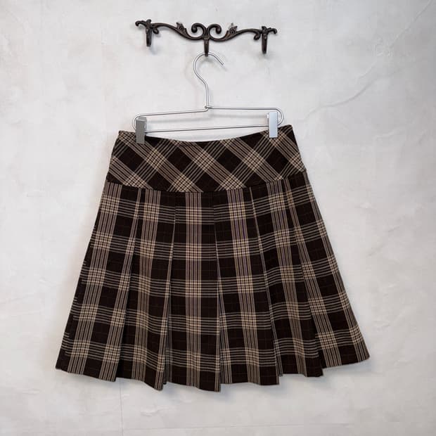 Dark brown check wool pleats midi skirt