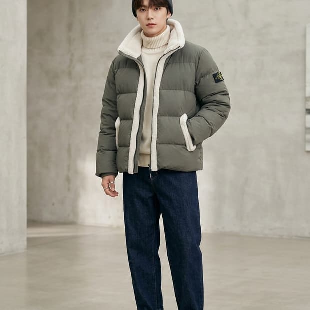 내셔널지오그래픽 뽀글이 덕다운 숏패딩 카키