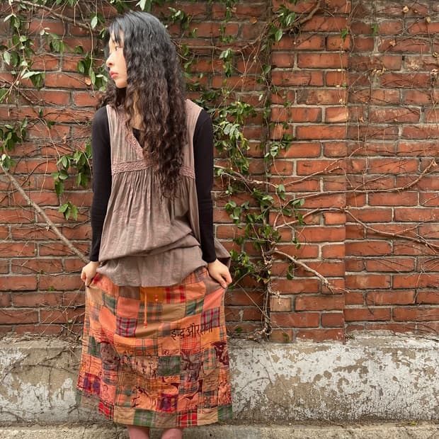 히피 문양 체크 패치 롱스커트