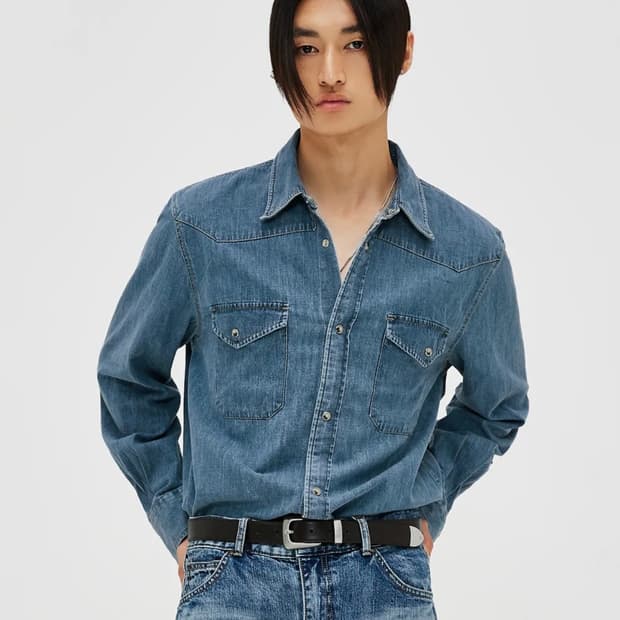 (46) 엘무드 테리 데님 셔츠 미들 블루