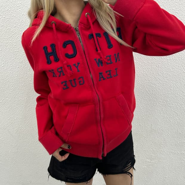 아베크롬비 네이비 패치로고 레드 후드집업 M