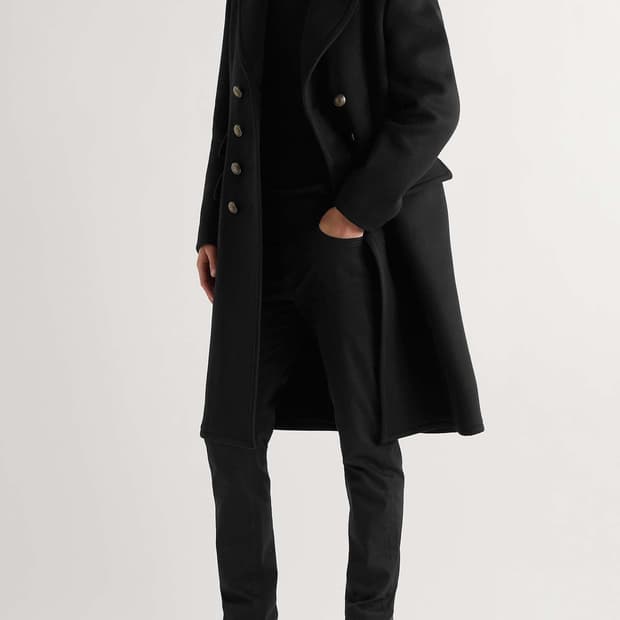 톰포드 코트 레더카라 디테일 울캐시미어 더블코트