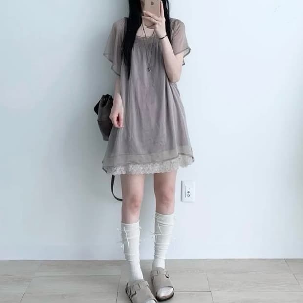 눙빈티지 뮤트 퍼플 레이스 원피스 블라우스