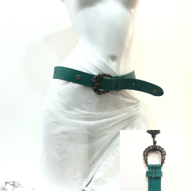 teal western buckle leather belt