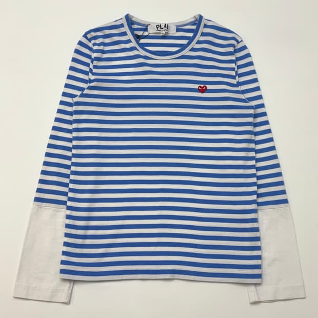 꼼데가르송 리틀레드하트로고 블루 화이트스트라이프 롱슬리브