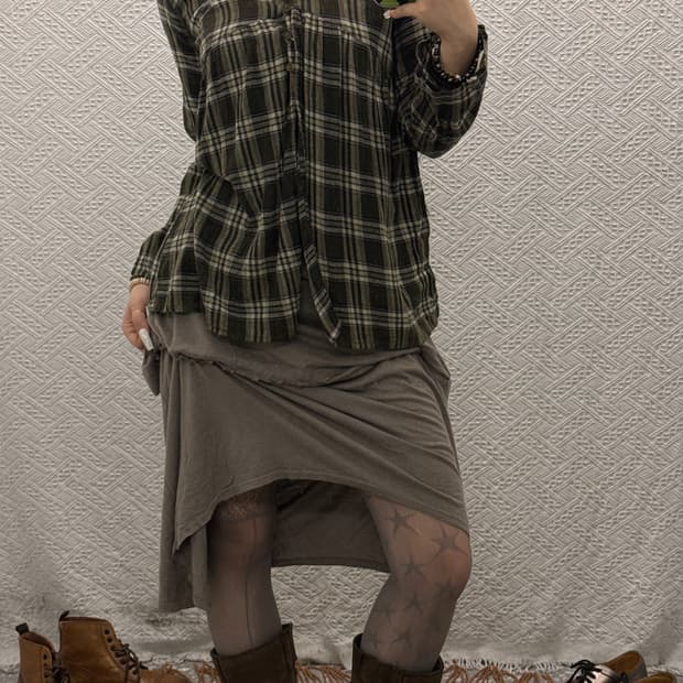빈티지 러블리 코지 타탄체크 말차카키 셔링 후드 블라우스 K0109
