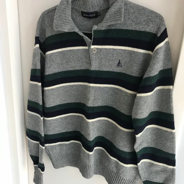 빈폴 스트라이프 카라 니트 그레이 그린
