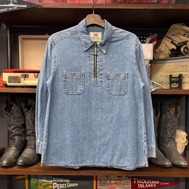 80~90s 리바이스 블루탭 빈티지워싱 하프집업 워크 데님셔츠 N1054