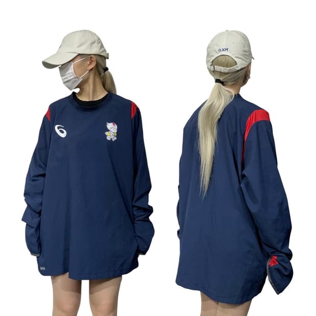 아식스 네이비 올드스쿨 오버핏 웜업 바람막이 긴팔티 105