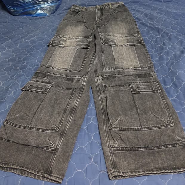 VONVAT 유틸리티 빈티지 카고 혜비 와이드 데님팬츠 흑청 (2사이즈)