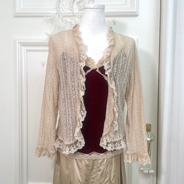 beige lace ruffle open cardigan