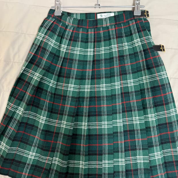 그린 체크 펑크 미디 플리츠 스커트