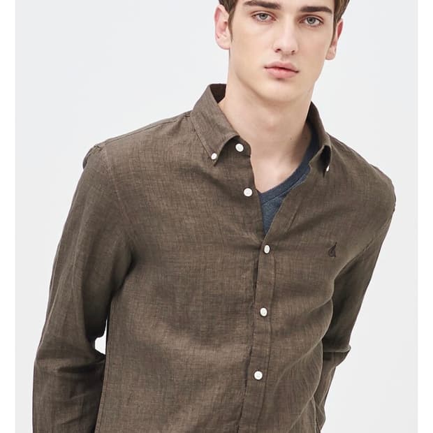 빈폴 남성 브라운 린넨 솔리드 버튼 다운 셔츠(100)  
