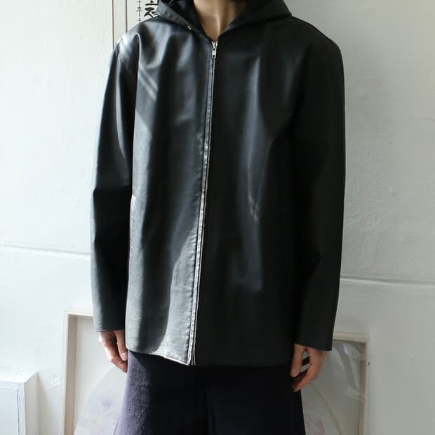 빔즈 블랙 레더 후드 집업 자켓