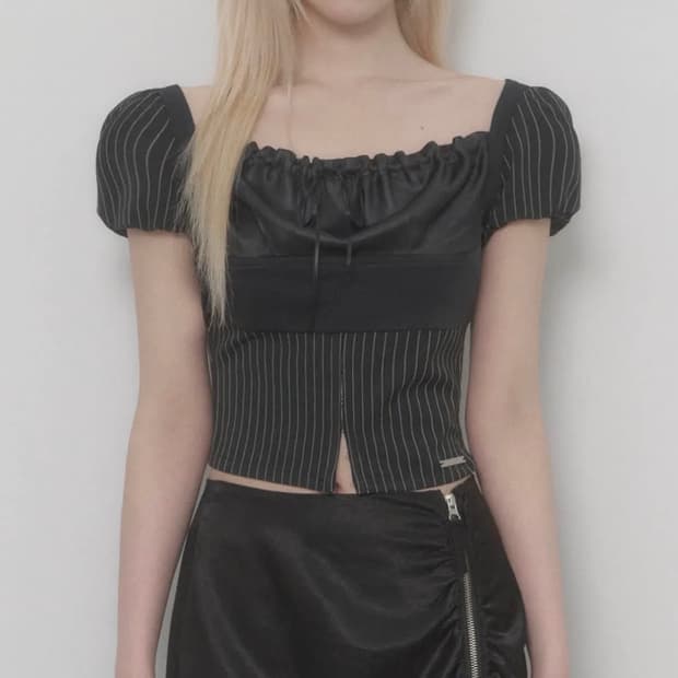 에트오소메 Stripe Lace-up Puff Top (Black)