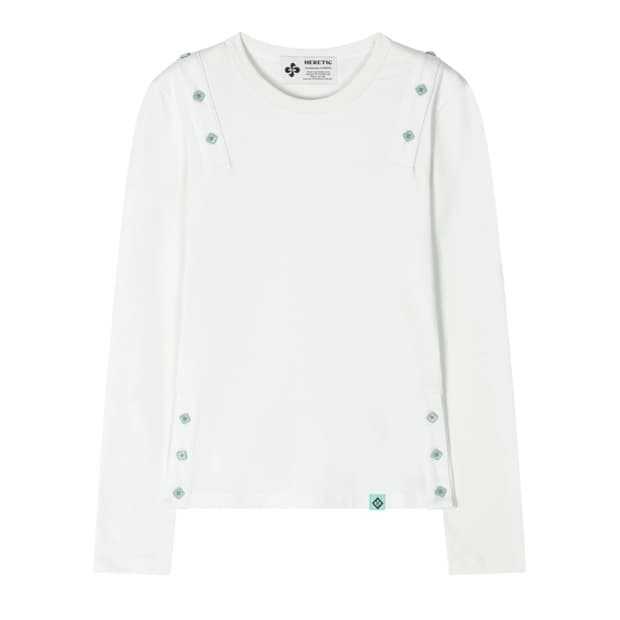 헤레틱 BUTTON CUT-OFF T-SHIRT / white-mint