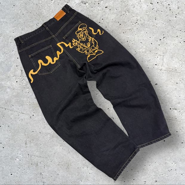 [XL] 위캔더스 WKNDRS 블랙 데님 팬츠 캐릭터 프린팅 C452