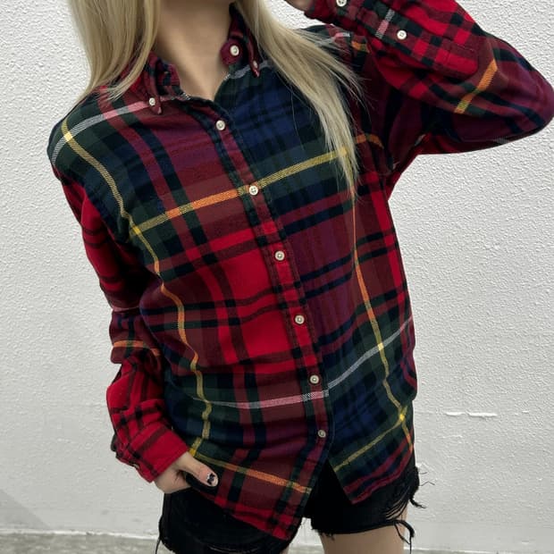 폴로 랄프로렌 네이비포니 레드 타탄체크 셔츠 S