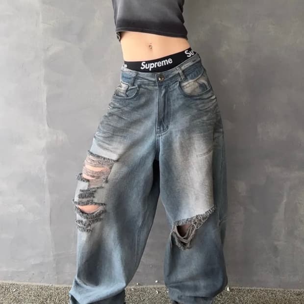 Blr 디스트로이드 오일 워시드 와이드 데님팬츠 라이트블루