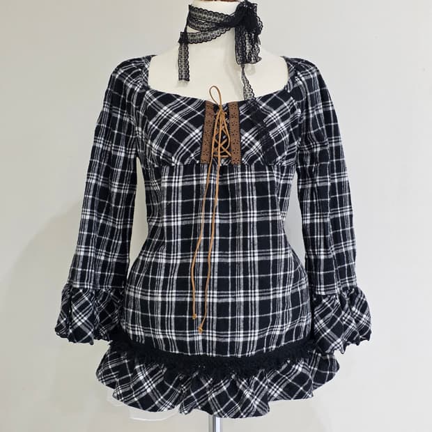 블랙로리타 체크 캉캉 블라우스