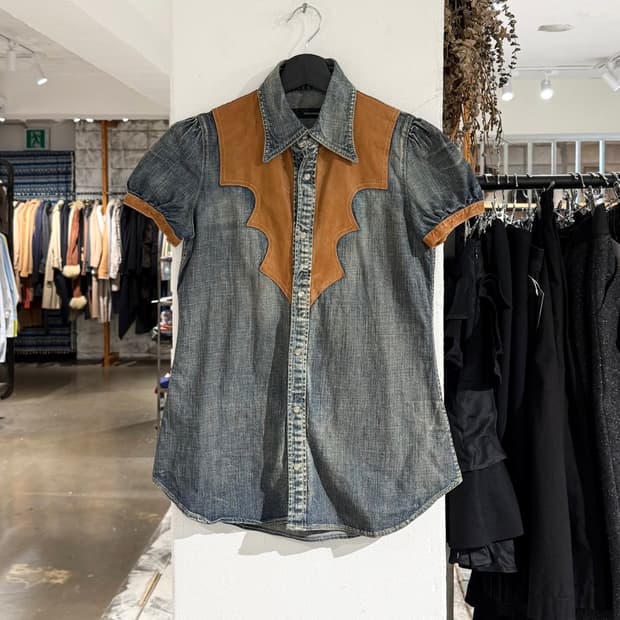 디스퀘어드2 웨스턴 데님 레더 하프 셔츠