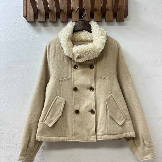 일본빈티지 mystic 베이지 퍼 하이넥 울 혼방 코트