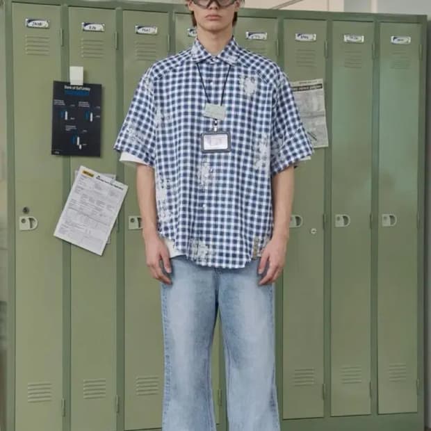 [M] STU 디스트로이드 페인팅 블루 체크 셔츠