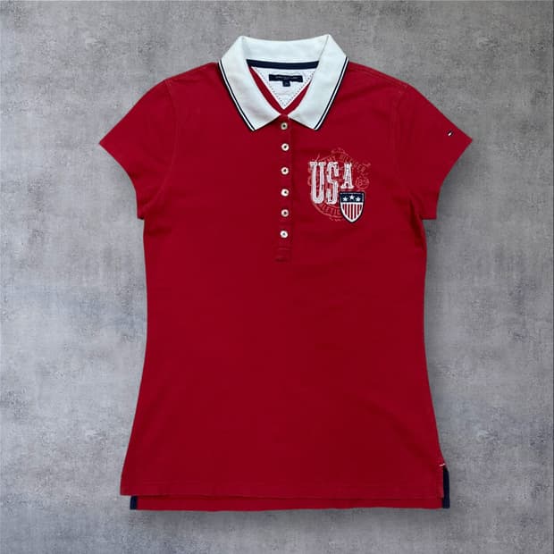 타미힐피거 USA 로고 y2k 레드 카라 반팔티