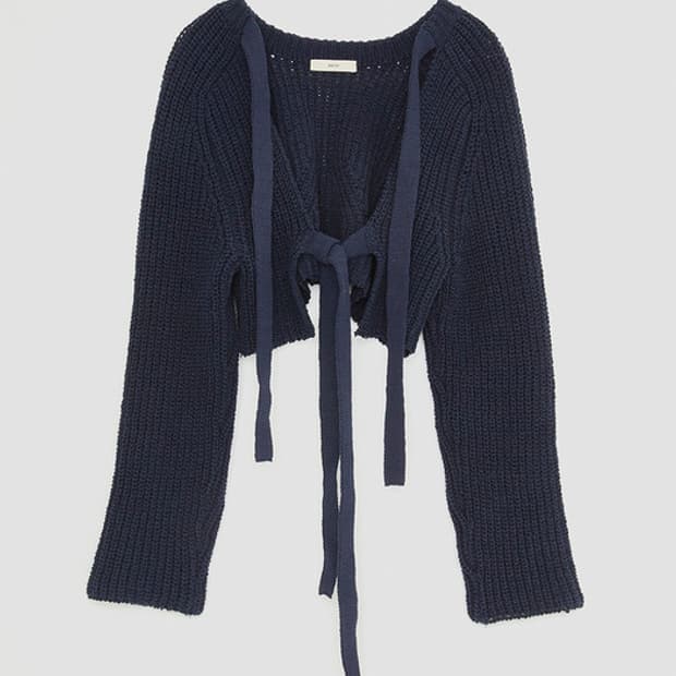 렉토 코튼 리본 타이즈 니티드 가디건 네이비