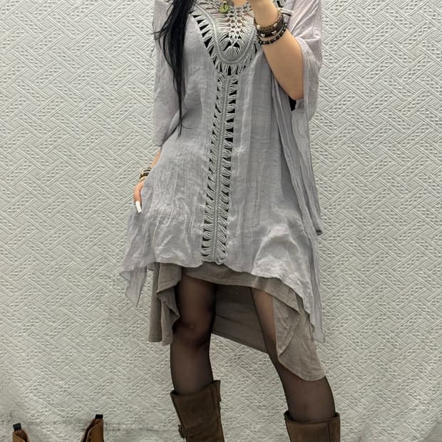 빈티지 히피 페어리 언발 크로셰 뜨개 반팔 레이어드 티 K0117