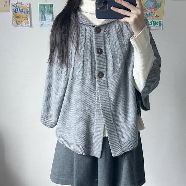 사와코 케이블 니트 케이프 모리걸 판초 코트 일녀