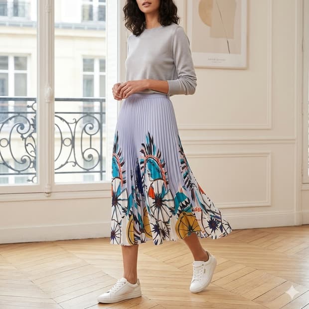 쉬즈미스 블루 기하학 패턴 플리츠 롱 스커트 55