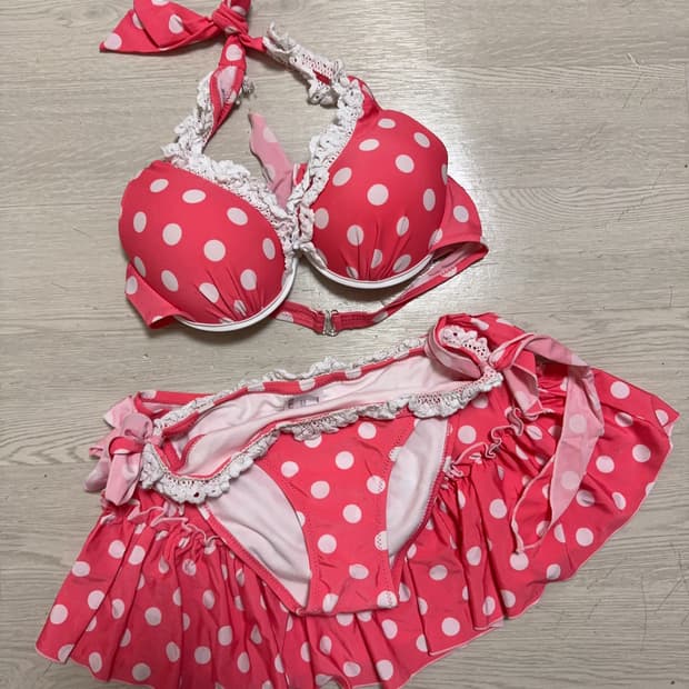 갸루 리즈리사 st 일본 빈티지 레이스 핑크 도트 리본 비키니 세트 L