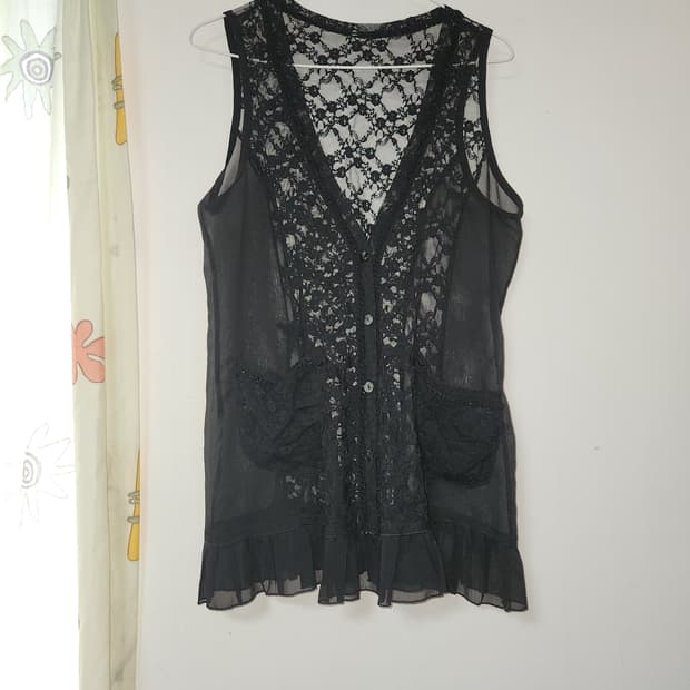 레이스 시스루 블랙 망사 조끼F(~77)