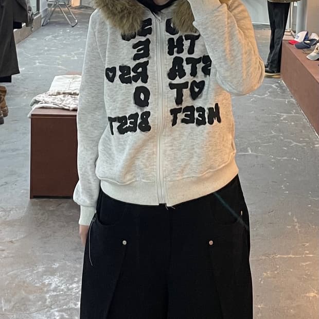 빈티지 레터링 퍼 후드집업 (퍼 탈부착 가능) H1571