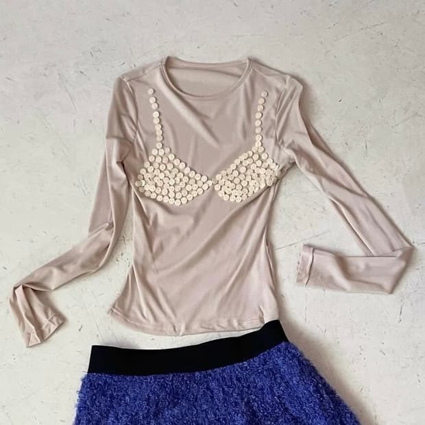 Beige button bralette crew neck top