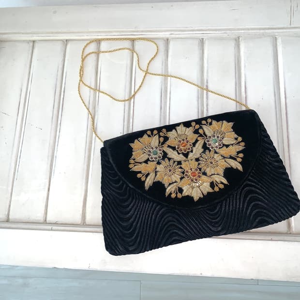 Black Velvet Gold Embroidery Mini Bag