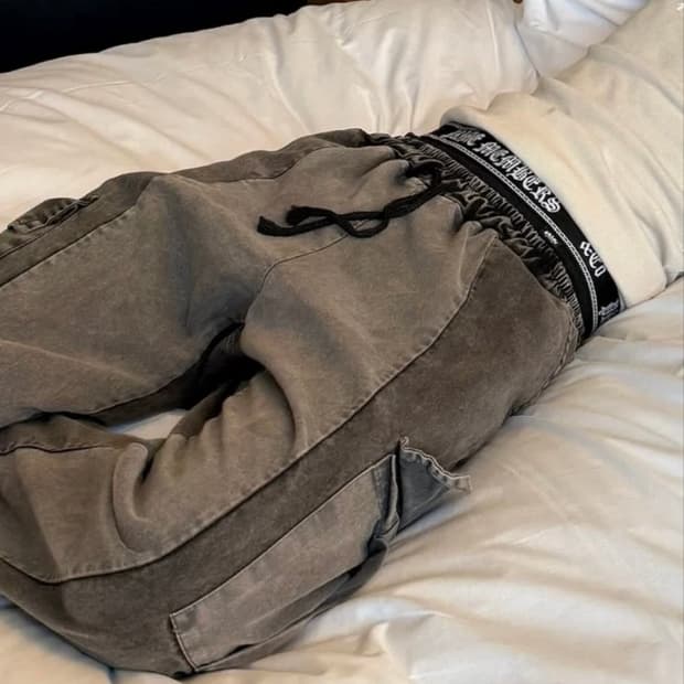 9NUTS 회색 그레이 워싱 와이드 데님 밴딩 카고 워크팬츠 절개 배색