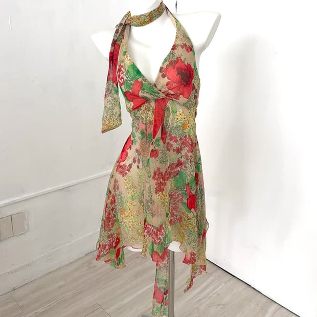 Floral Sheer Halter Mini Dress